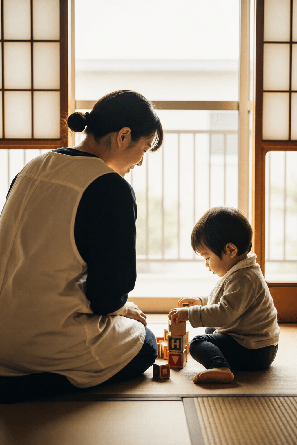 保育者と幼児が積み木で遊ぶ保育室